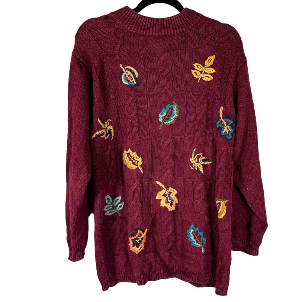 Petite Sophisticate Vintage Maroon Knit Sweater Embroidered Fall Leaves Medium